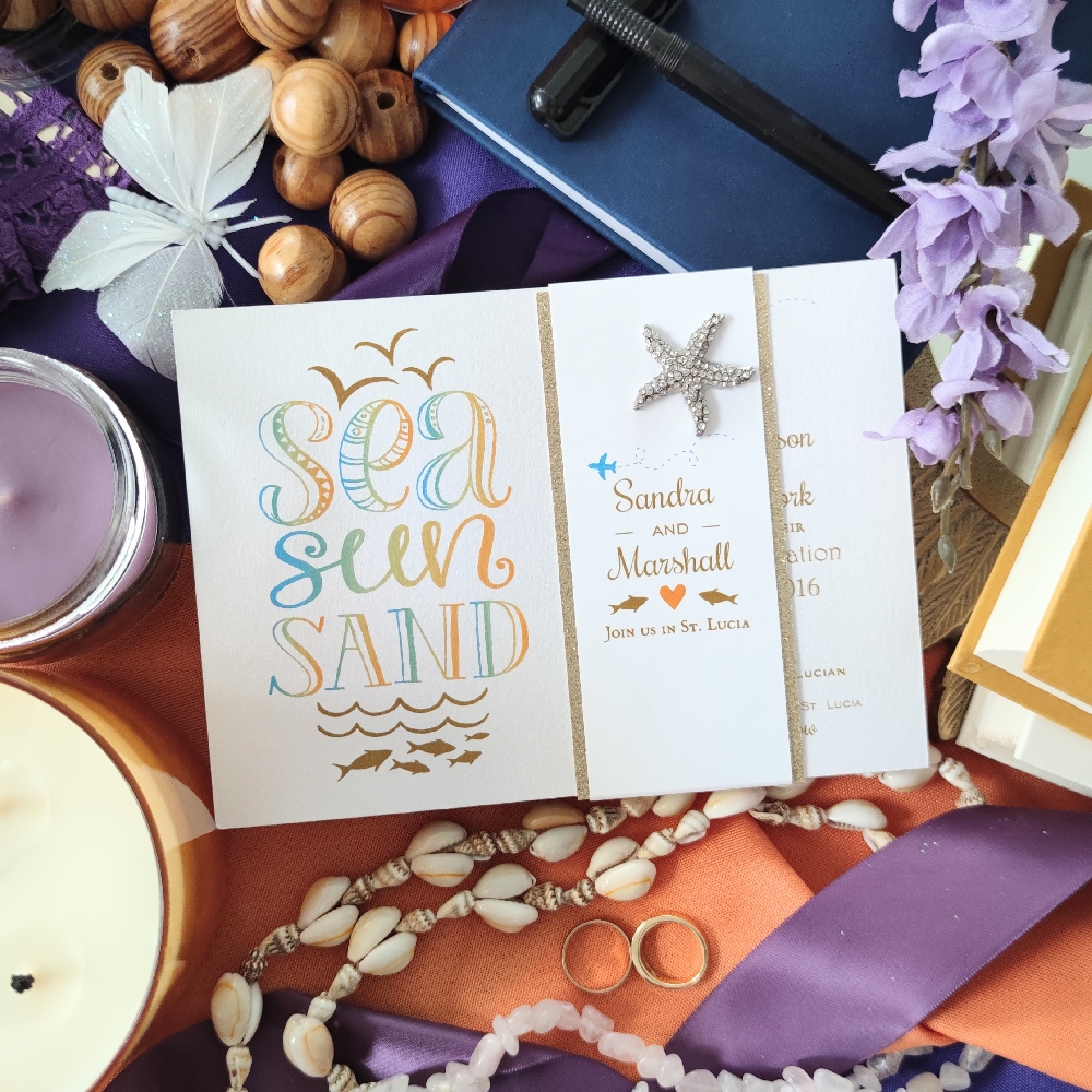 A fun design for a destination wedding incorporating bright colors and a starfish.