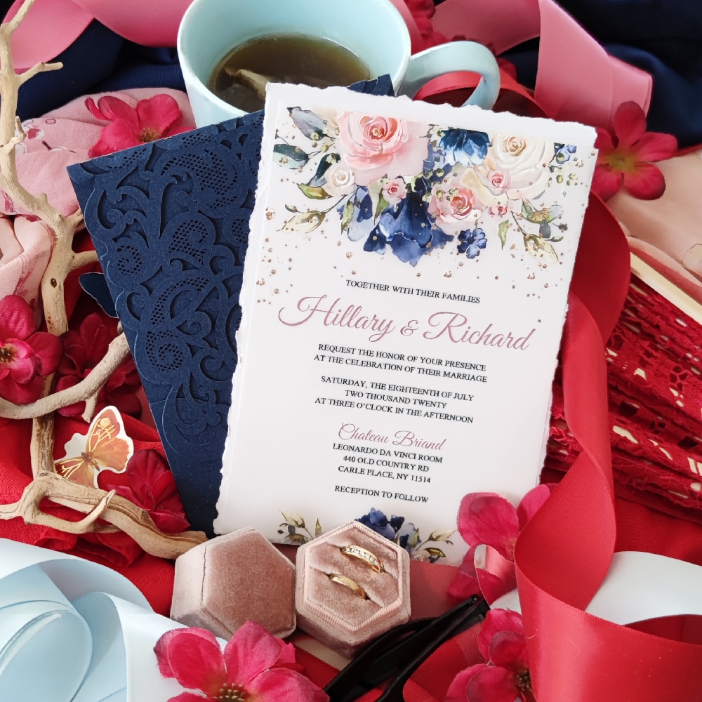 UV printed wedding invitation card paired with navy lasercut folder invite.