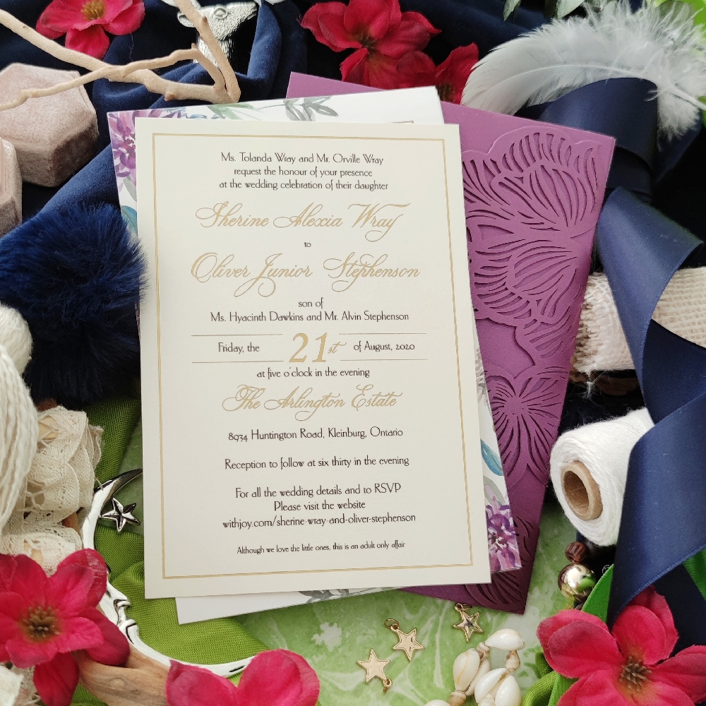 Foil printed wedding invitation on ivory shimmer paper.