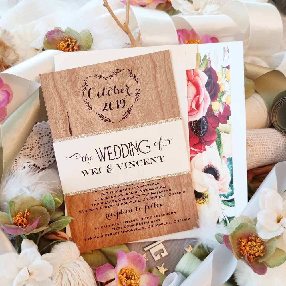 Invitation printed on wood paper with black ink and an added vellum belly band over a gold glitter paper.