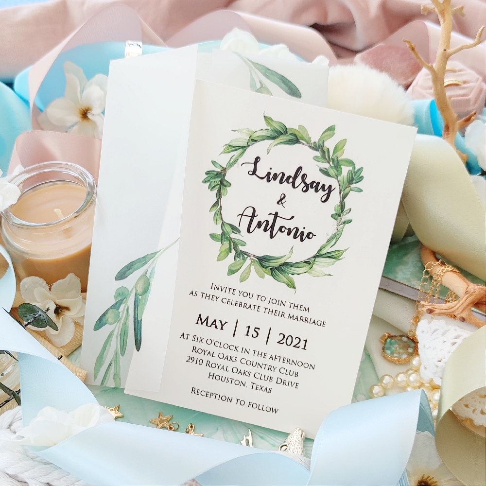 This is a UV printed wedding invitation design with an added vellum wrap around the card.