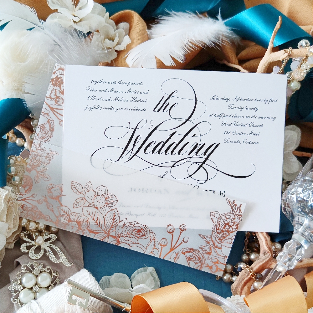 This invitation is a flat card wedding invitation and is paired with a vellum gate fold that can wrap around the card.