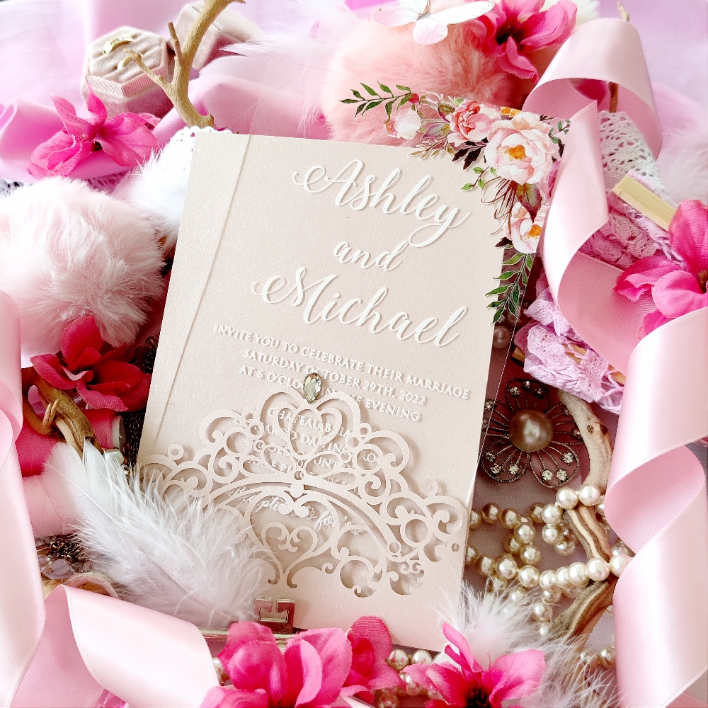 Ashley and Michael chose an acrylic wedding invitation.  White ink usually shows the nicest on a clear acrylic invite.  The blush lasercut below is a separate invite design.