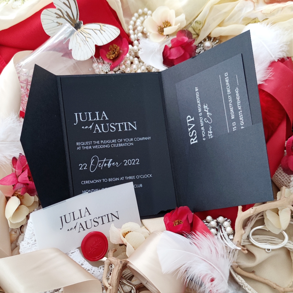 Julia & Austin created an all black pocketfold invitation.  The main layout is a black acrylic.