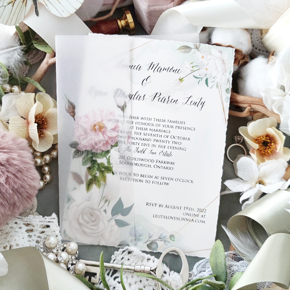 This is a very popular wedding invitation that is a single card with a printed floral vellum wrap.