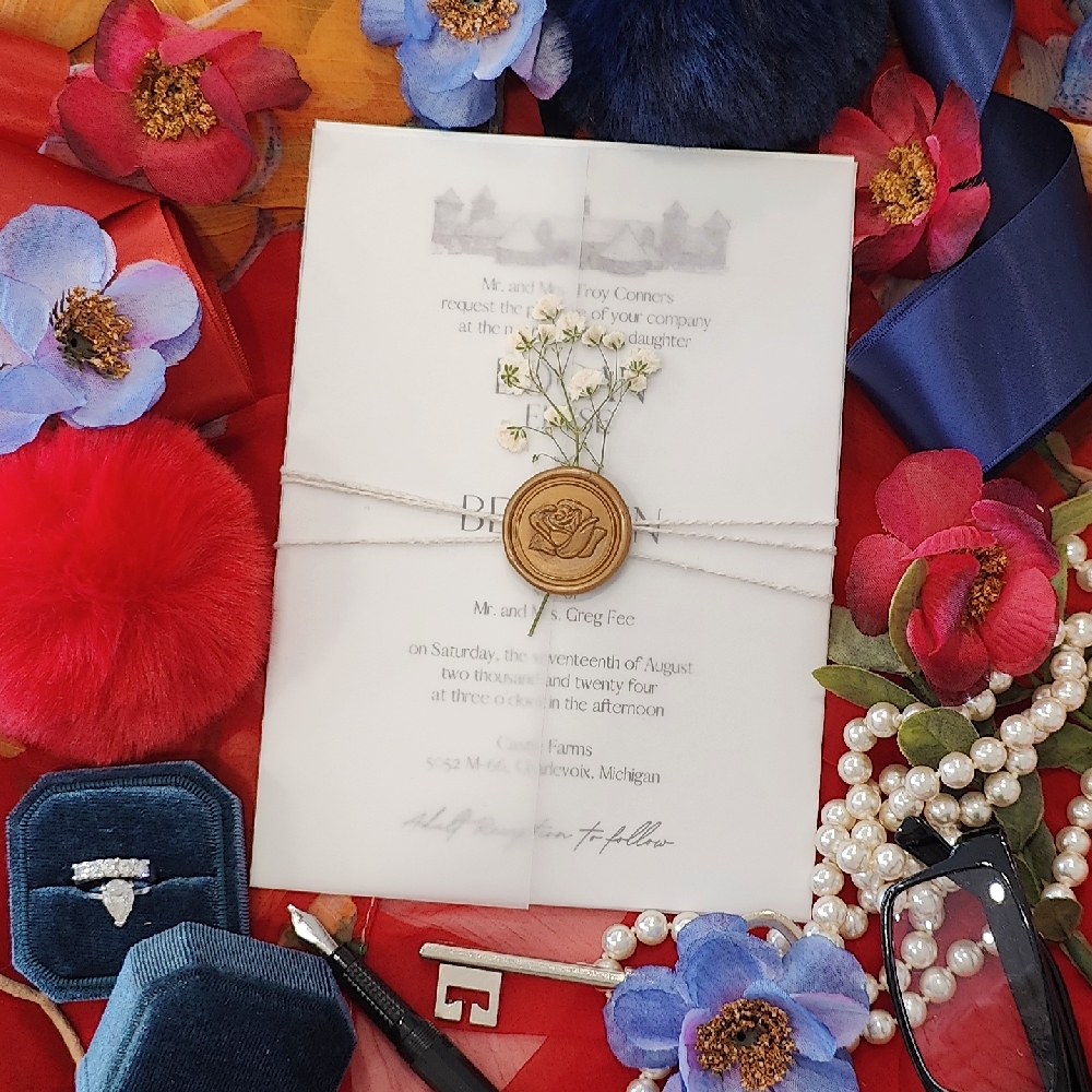 Vellum Wrap invite with String, Wax Seal and Dried Flowers