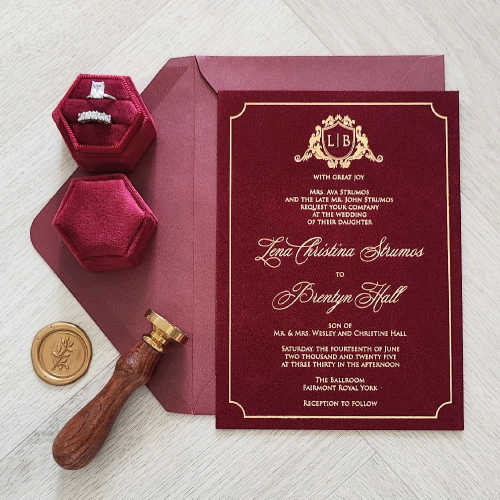 Burgundy Velvet Gold Foil Press Printing