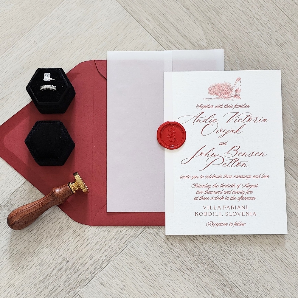 Red Ink Letterpress on White Cotton with Vellum Wrap and Red Wax Seal