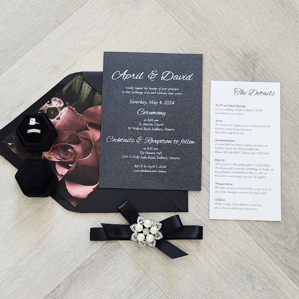 Black Wedding Invite with White Ink Printing - Black Envelope with Floral Envelope Liner