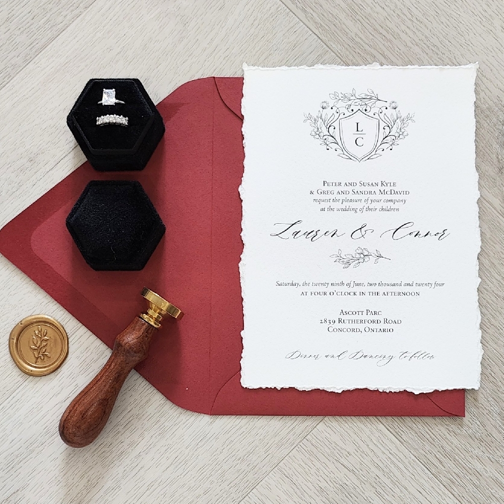 Deckle Edge Wedding Invite Torn Edges Red Envelope