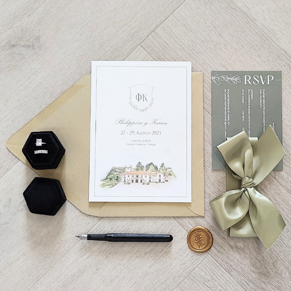 Single card wedding invite, solid green rsvp card, sage green ribbon bow, metallic gold envelope, venue sketch