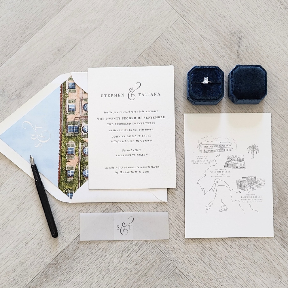 Letterpress Wedding Invitation on White Cotton with Vellum Belly Band.  Venue sketch envelope liner.