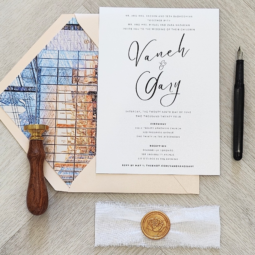 Single Card wedding invite with white torn edge ribbon and gold wax seal.  Blush shimmer envelope with venue sketch envelope liner.