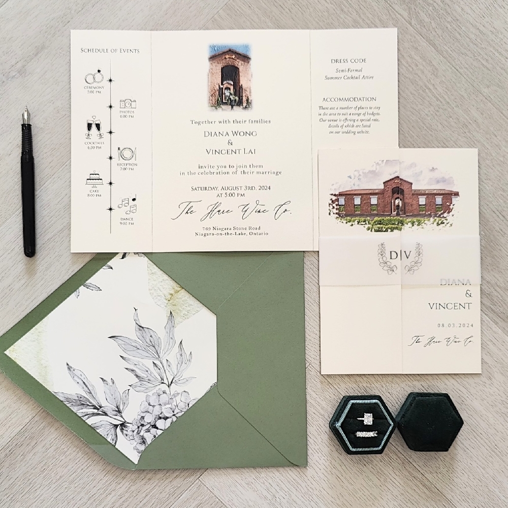 Gate fold wedding invite on an ivory pearl paper and vellum belly band with a mid green envelope and floral printed liner