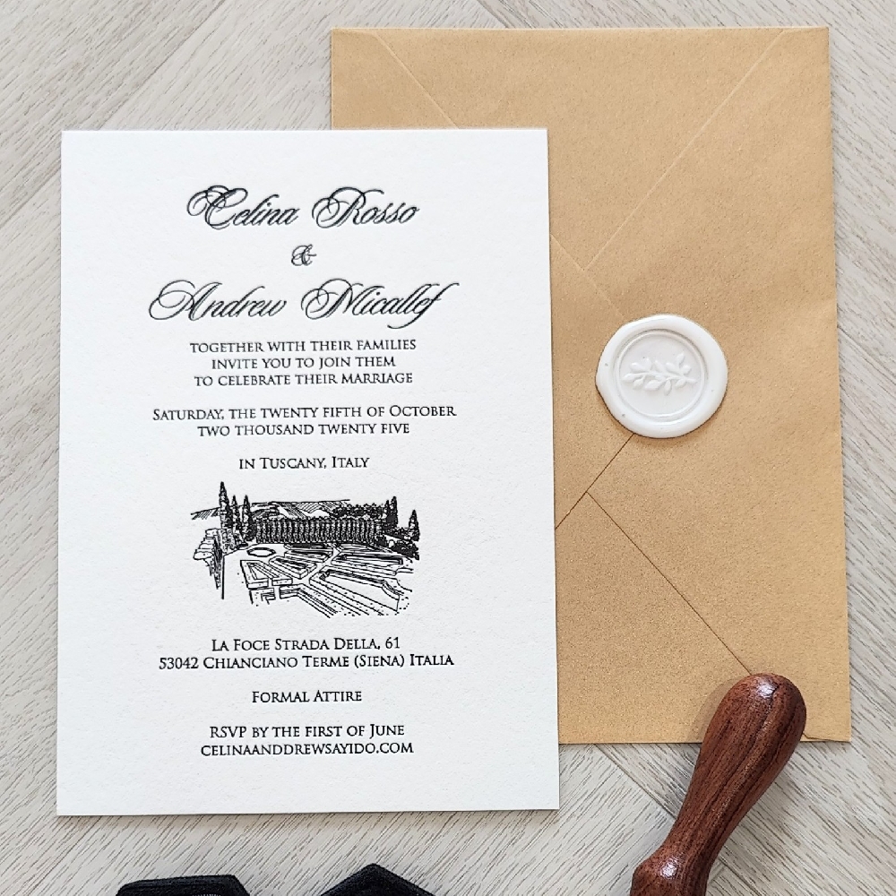 Letterpress Wedding Card on White Cotton Paper with Black Ink.  Venue sketch included in the design with a metallic gold envelope and white branch wax seal.