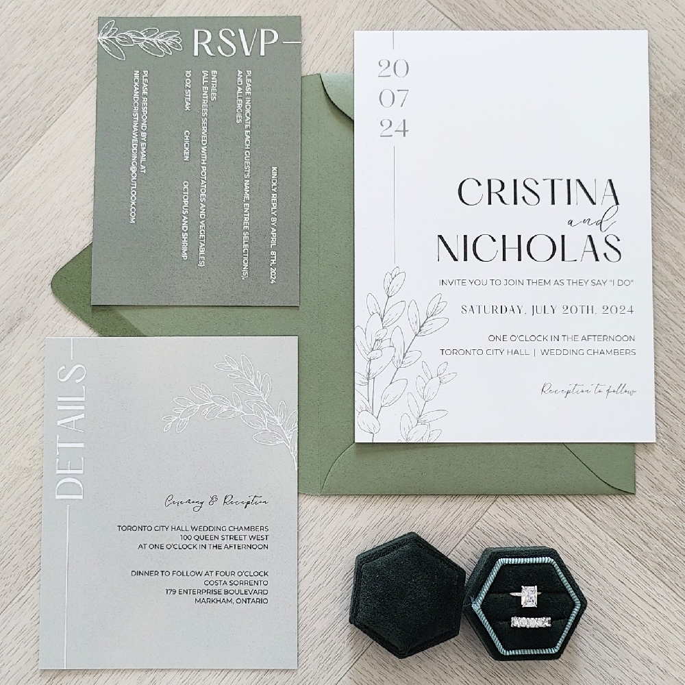 Single card invitation set with multiple green shade inserts with green envelope.