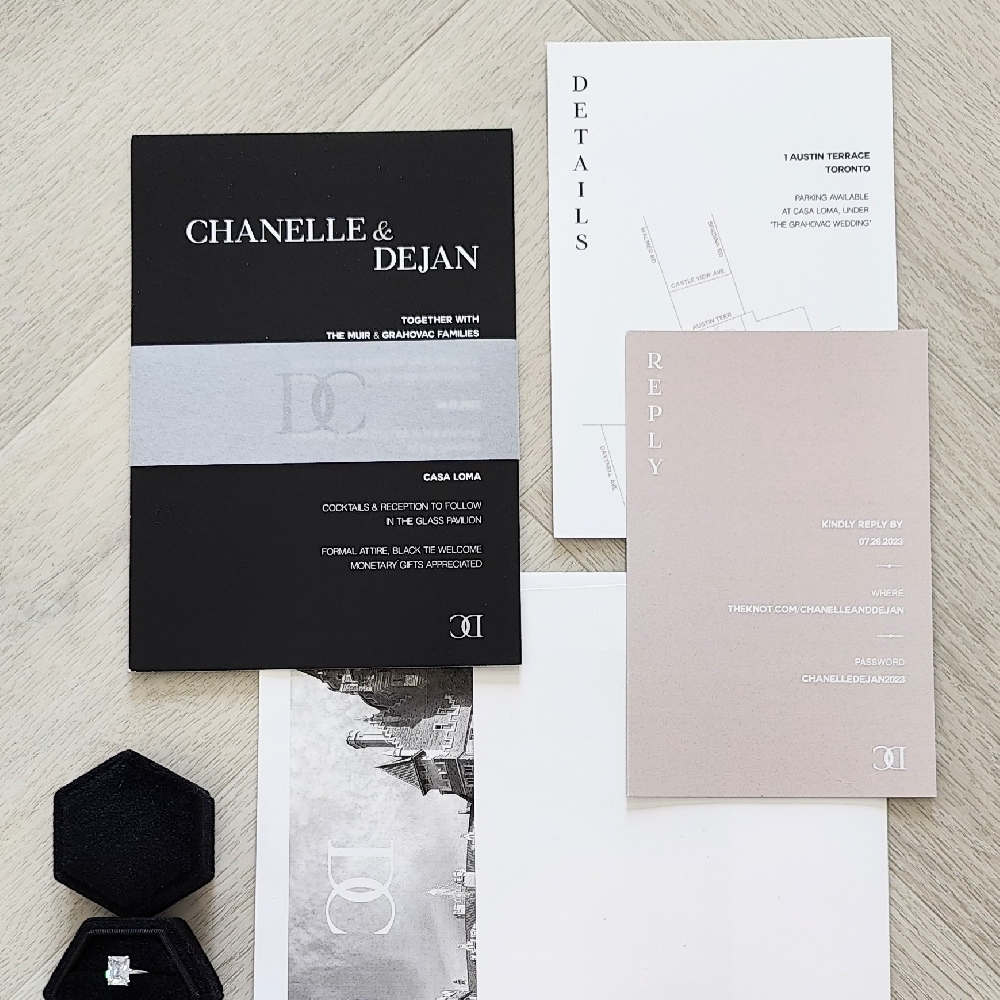 Full color black invite with a vellum belly band and multiple inserts in white and blush color