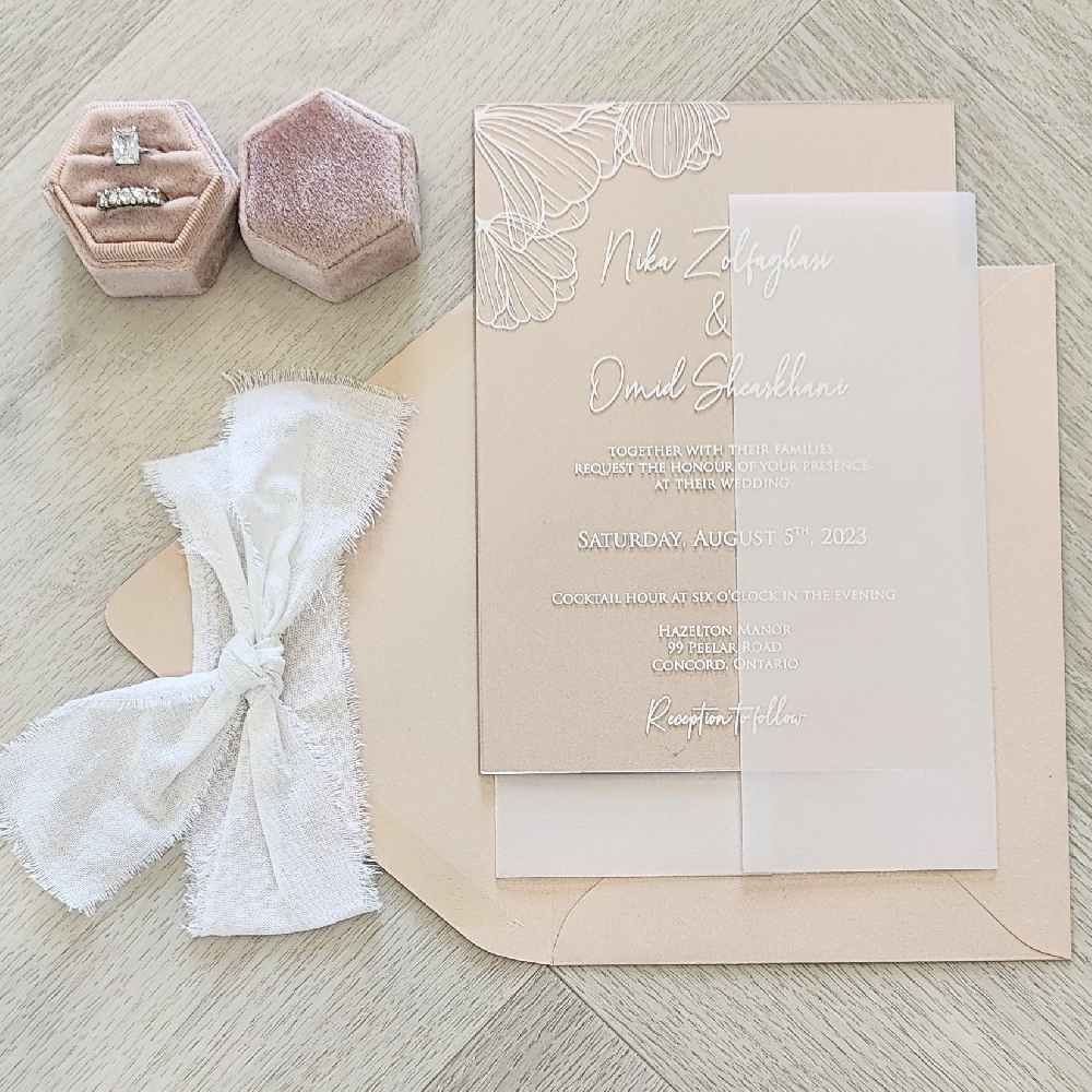 Clear Acrylic invite with White Ink and Full Vellum Wrap and Blush Pearl envelope