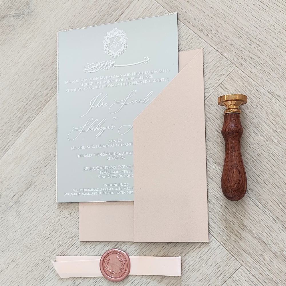 Silver Mirror Acrylic Wedding Card in a Blush Gate fold with ribbon and blush wax seal