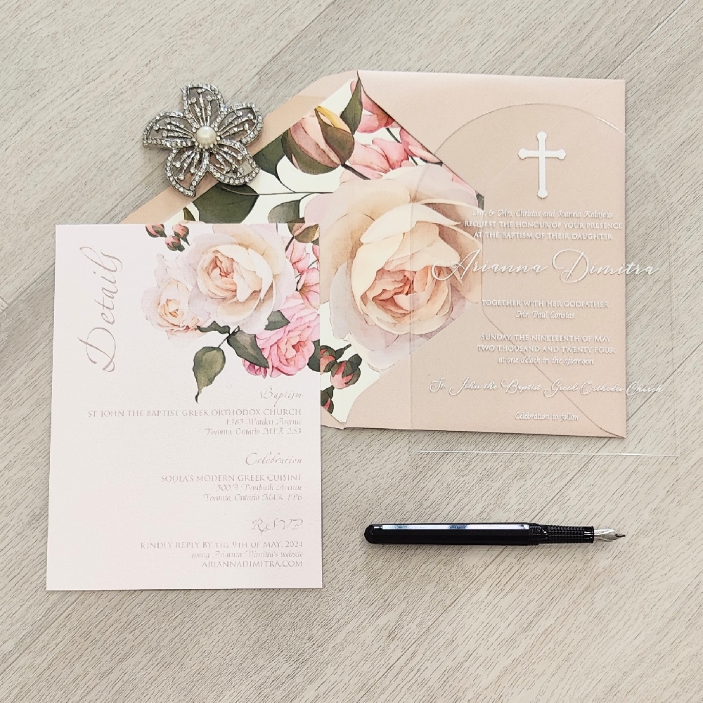 Arch Clear Acrylic invitation with a detail insert along with a blush pearl envelope with floral liner.