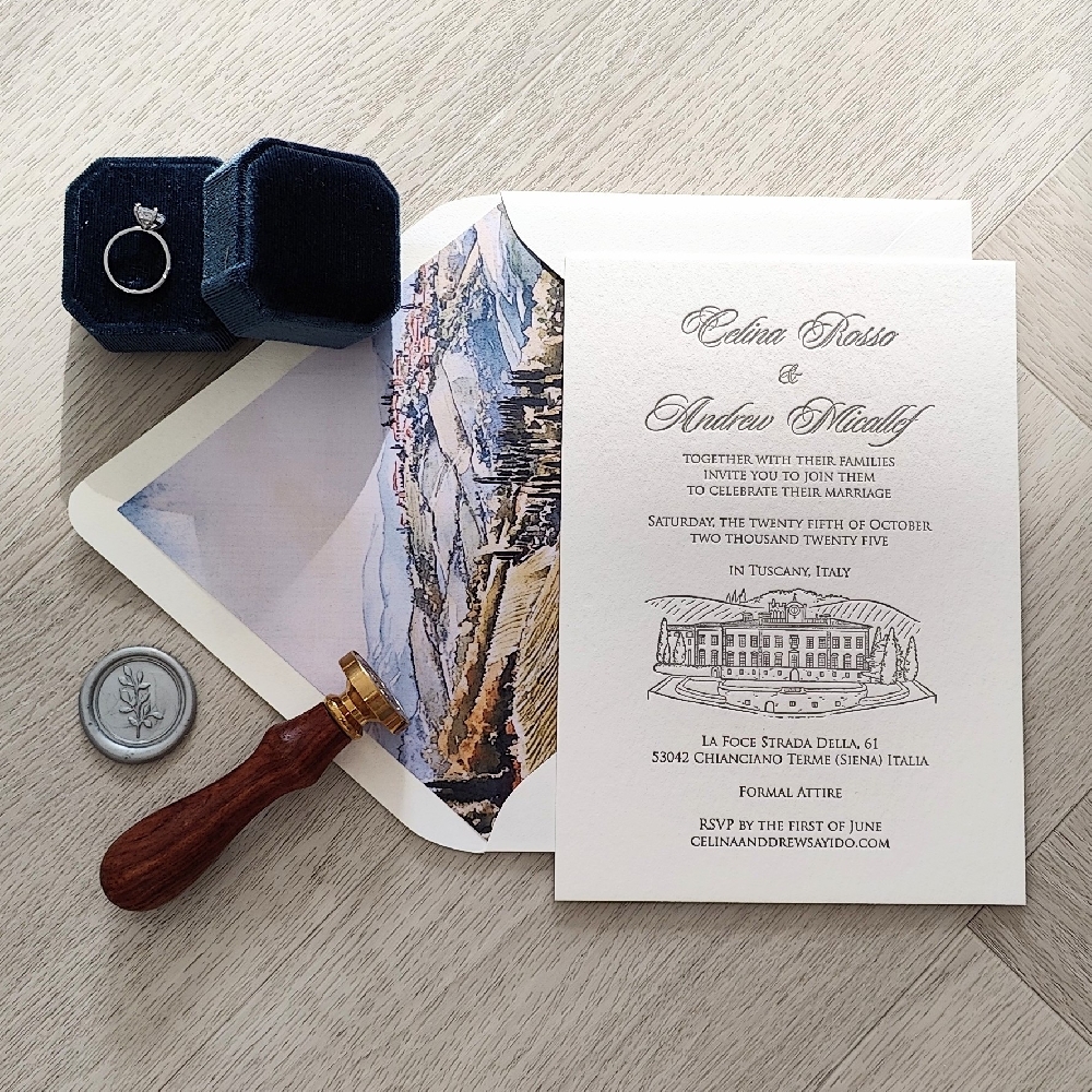 Letterpress wedding invite with a venue sketch design.  Printed design envelope liner.