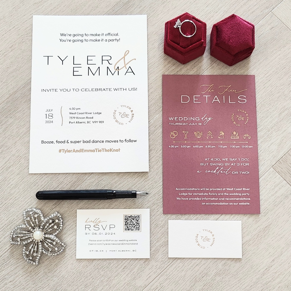 Gold Foil Stamped Wedding Invitation with additional inserts.