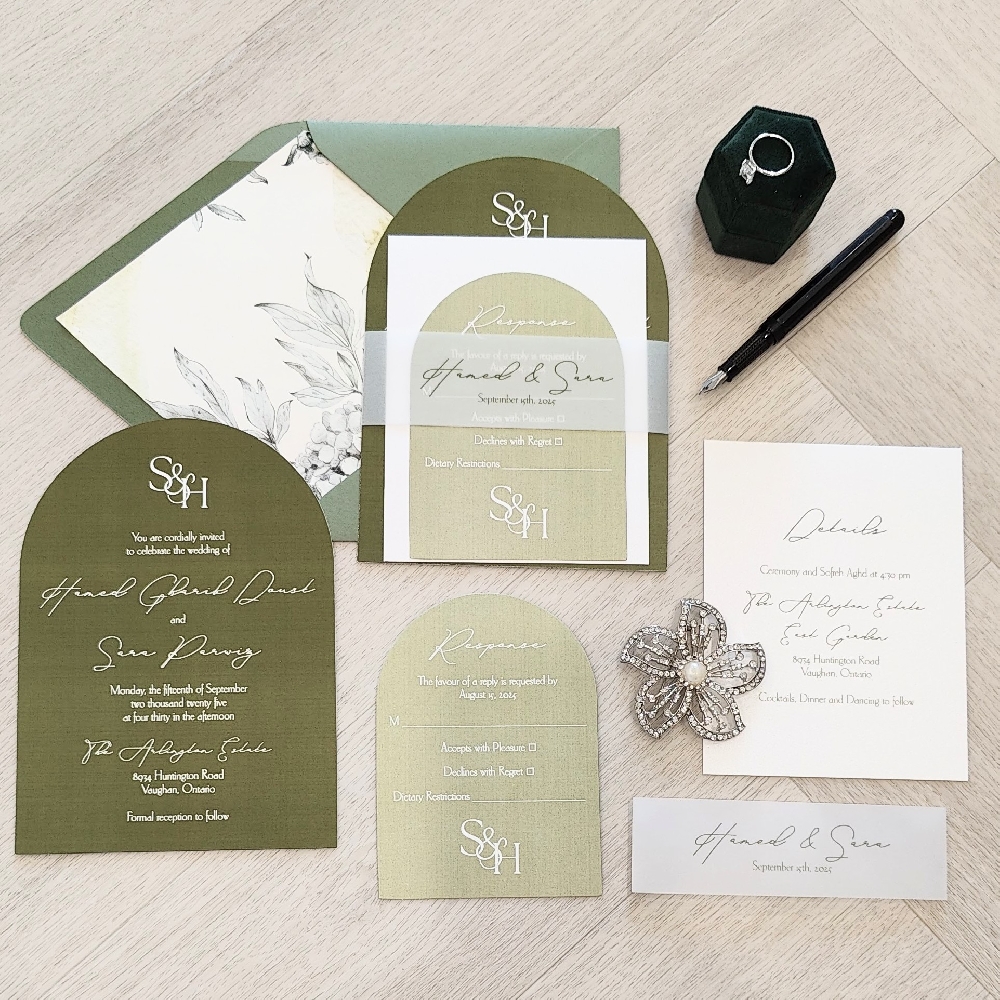 Arch shape wedding card in multiple green shades with a vellum wrap.