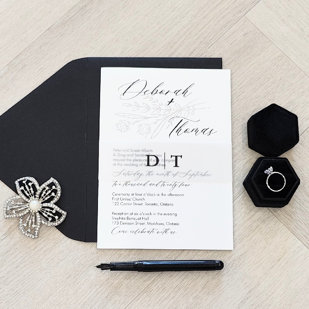 Single card wedding invite with a vellum belly band and black envelope.