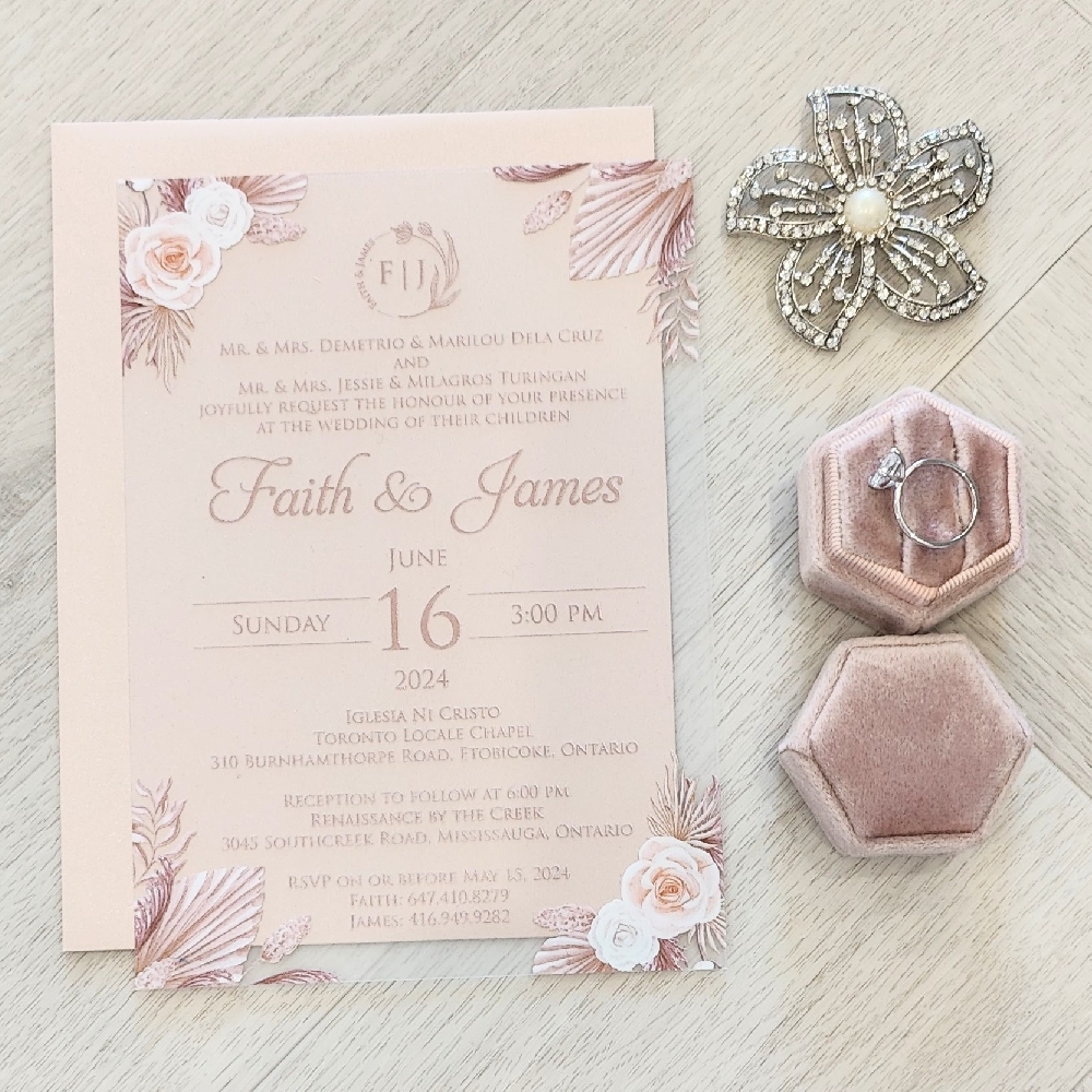 Clear Acrylic wedding card with a blush pearl envelope.  Boho style layout.