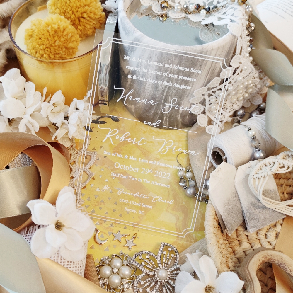 Clear classic acrylic wedding invite with white ink lettering and a double border.