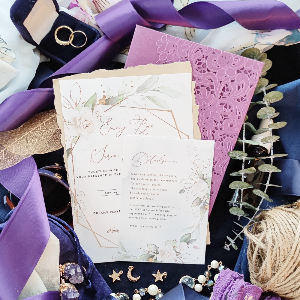 Single card wedding invitation with florals printed and a matching details card.