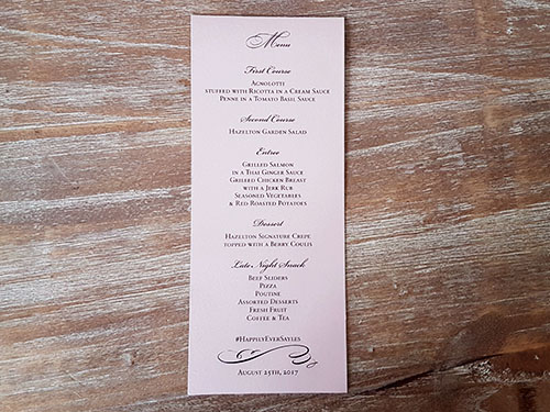 Menu M13: Blush Pearl - Single card menu printed on a metallic blush pearl paper.