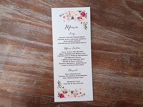 Menu M14: Cream Smooth - Single card menu printed on a white or cream cardstock.
