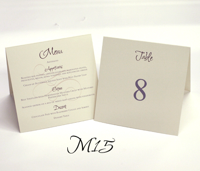 Menu M15: Cream Smooth - Tented style menu with menu details and table number.