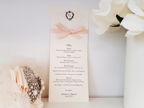 Menu M16: White Smooth, Brown Ribbon - Skinny menu with a 3/8 satin ribbon bow at the top.