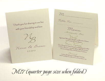Menu M17: White Smooth - Smaller tented style menu with place seating information, menu and thank you message.