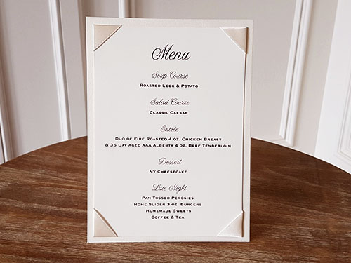 Menu M20: White Gold, Cream Smooth, Antique Ribbon - Tent style menu with a 4 corner ribbon design on the menu panel.  The backside can be used for table number or thank you message or any other message.