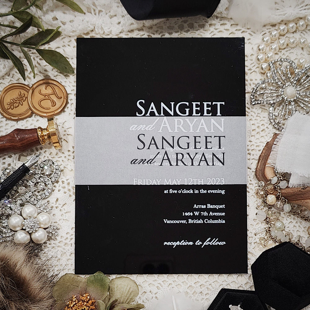 Invitation 5112: Acrylic - Black - Black acrylic invite with white ink and vellum band