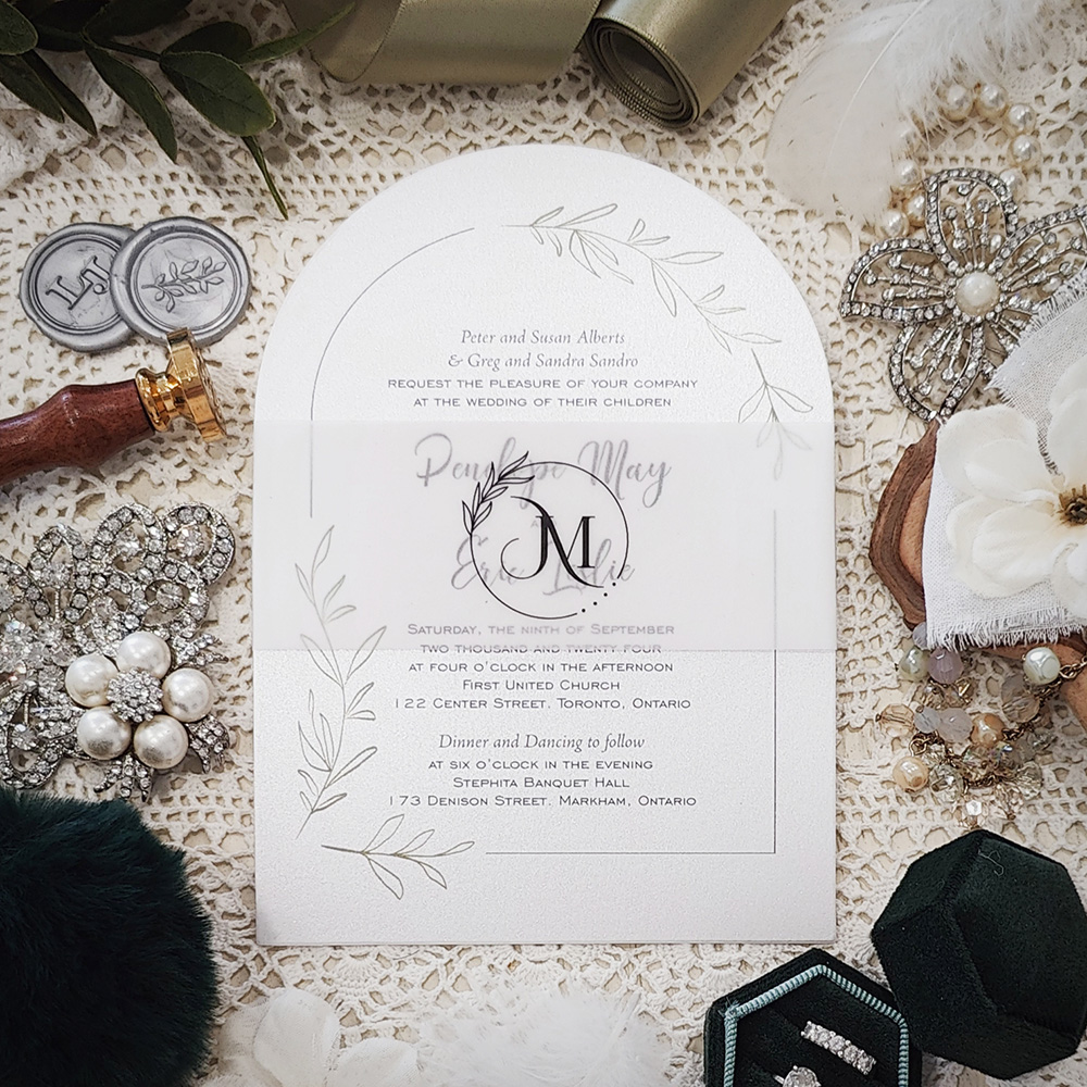 Invitation 3601: Ice Pearl - Single card arched shaped wedding invitation on ice pearl paper with vellum belly band.