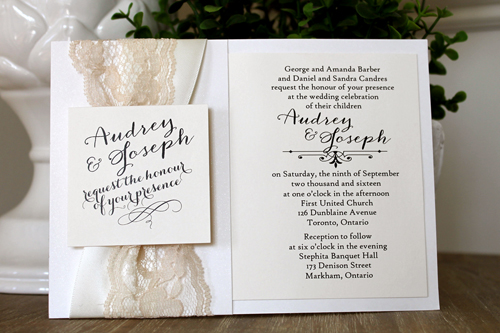 Invitation 1510: Antique Pearl, Cream Smooth, Antique Ribbon, Cream Lace - A lace and satin kris cross ribbon feature is used on this invite. The invitation wording is attached to the antique pearl backing paper. Invitation 1510: Antique Pearl, Cream Smooth, Antique Ribbon, Cream Lace - A lace and satin kris cross ribbon feature is used on this invite. The invitation wording is attached to the antique pearl backing paper.