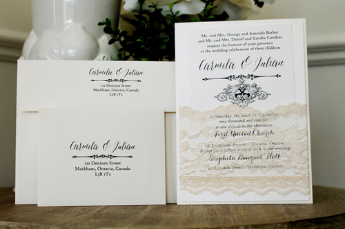 Invitation 1521: Buttermilk Pearl, Ivory Pearl, Cream Smooth, Cream - Thick Lace - This invite uses our thickest and thinest lace to create a pocket to hold the invitation wording an other insert cards.