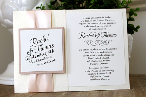 Invitation 1552: This is a popular invite design that prints on cream cardstock and backed onto a white gold pearl paper that folds on the left side with a ribbon and tag. Invitation 1552: This is a popular invite design that prints on cream cardstock and backed onto a white gold pearl paper that folds on the left side with a ribbon and tag.