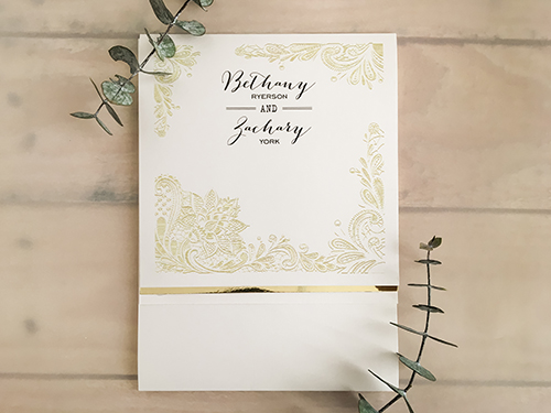 Invitation 1605: Antique Pearl, Gold Mirror, Antique Pearl - This is an antique pearl portrait style pocket folder. There is a gold mirror trim on the flap. Invitation 1605: Antique Pearl, Gold Mirror, Antique Pearl - This is an antique pearl portrait style pocket folder. There is a gold mirror trim on the flap.