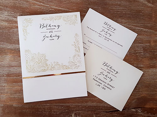 Invitation 1605: Antique Pearl, Gold Mirror, Antique Pearl - This is an antique pearl portrait style pocket folder.  There is a gold mirror trim on the flap.