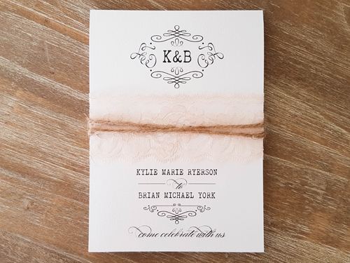 Invitation 1607: Ice Pearl, Ice Pearl, Cream Lace - This is a portrait orientation pocket folder with a lace and twine elements wrapped around the card. Invitation 1607: Ice Pearl, Ice Pearl, Cream Lace - This is a portrait orientation pocket folder with a lace and twine elements wrapped around the card.