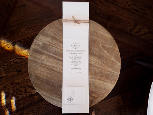 Invitation 1607: Ice Pearl, Ice Pearl, Cream Lace - This is a portrait orientation pocket folder with a lace and twine elements wrapped around the card.