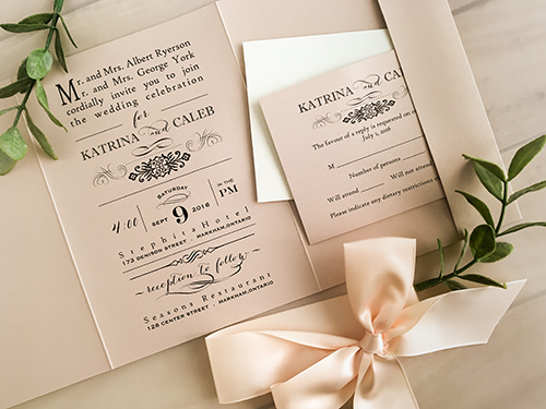 Invitation 1611: Blush Pearl, Blush Pearl, Blush Ribbon - This is a blush pearl pocket folder design that opens horizontally.  There is a blush bow tied around the card.