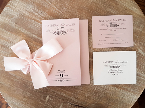 Invitation 1611: Blush Pearl, Blush Pearl, Blush Ribbon - This is a blush pearl pocket folder design that opens horizontally.  There is a blush bow tied around the card.