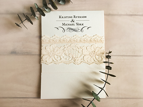 Invitation 1615: White Gold, White Gold, Cream Lace - This is a white gold pocketfolder with a thick lace trim wrapped around the cover flap. Invitation 1615: White Gold, White Gold, Cream Lace - This is a white gold pocketfolder with a thick lace trim wrapped around the cover flap.