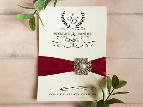 Invitation 1619: White Gold, White Gold, Sherry Ribbon, Brooch/Buckle Q - This is a white gold pearl full flap pocket folder with a sherry ribbon and brooch around the card. Invitation 1619: White Gold, White Gold, Sherry Ribbon, Brooch/Buckle Q - This is a white gold pearl full flap pocket folder with a sherry ribbon and brooch around the card.